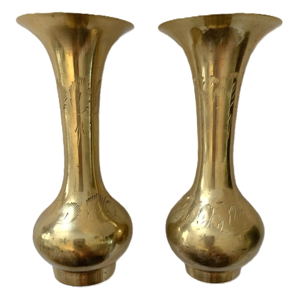 1970s Handcrafted Etched Brass Bud Vases Pedestal Base Flared Top Vintage India